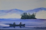 seascape, lake, mountain, mist, canoe, paddle, water, boat, original watercolor painting, oberst